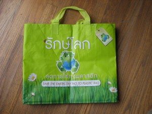 A re-usable Thai bag with the slogan "Save the Earth.  Say No to Plastic Bags"